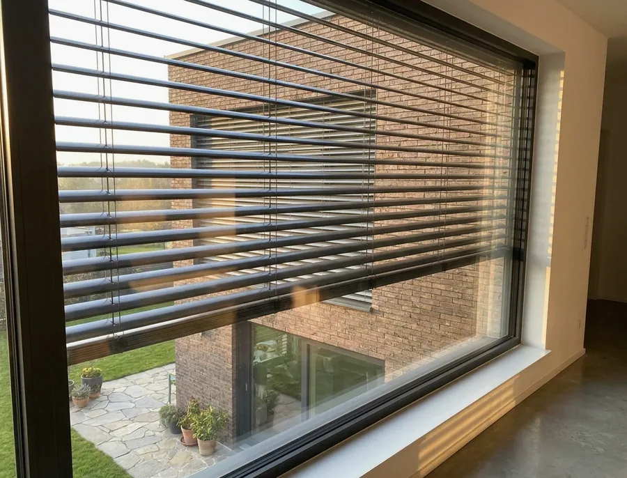 External venetian slats mounted outside a large window, shading the glass from low sun