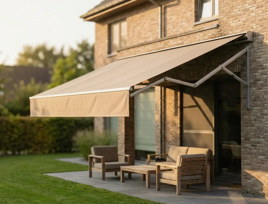 Folding-arm awning extended over a paved patio and outdoor seating in late afternoon sun