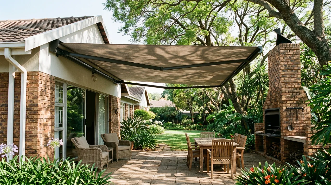 A folding-arm awning extended over a paved patio and braai area at an established Lynnwood home, mature jacaranda trees casting extra dappled shade over the fabric, garden furniture beneath