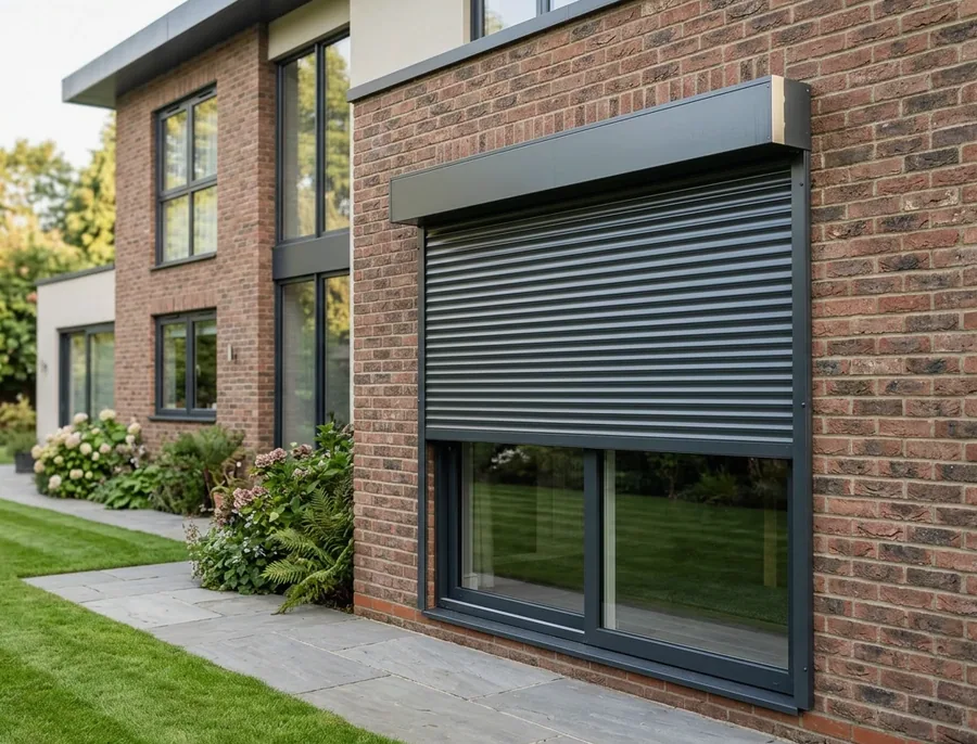 External aluminium roller shutter rolled down from its headbox over a ground-floor window